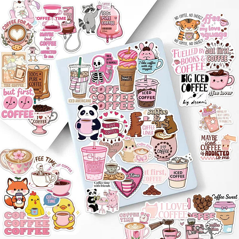 50/100PCS Cartoon Funny Coffee Sticker Small Fresh Cartoon Graffiti Cute Decorative Notebook Stationery Waterproof Sticker