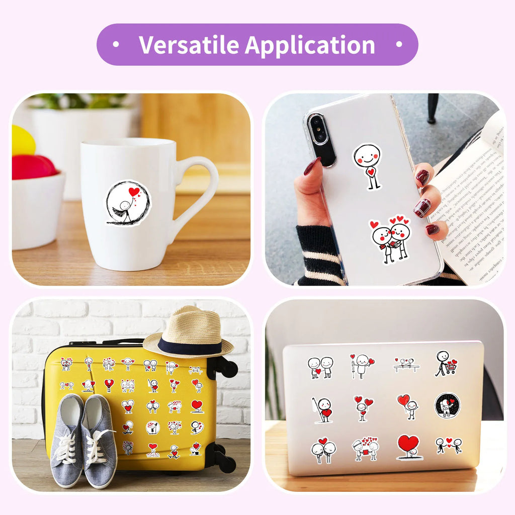 50PCS Simple Line Graffiti Stickers Red Heart Cartoon DIY Children Staionary Notebook Stickers