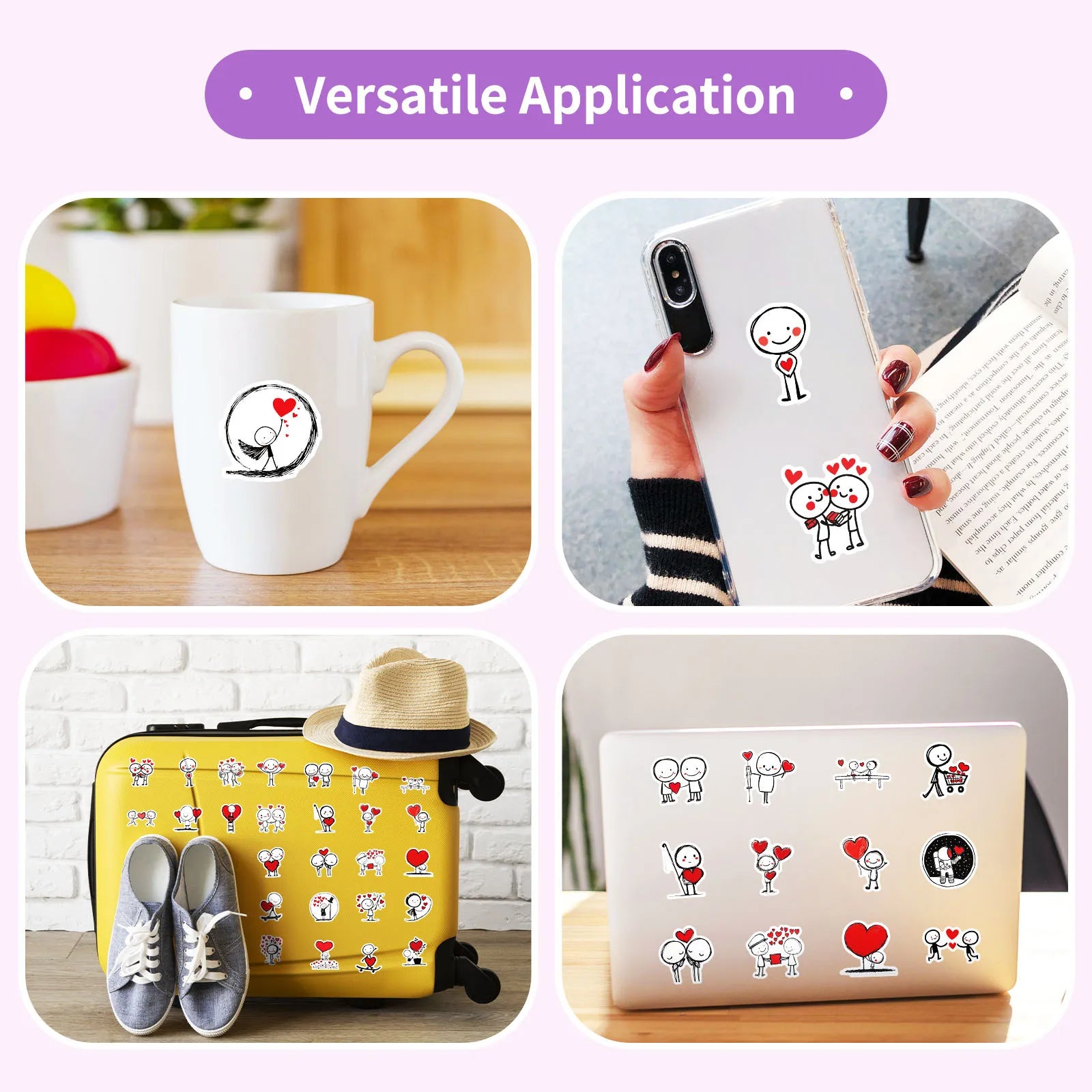 50PCS Simple Line Graffiti Stickers Red Heart Cartoon DIY Children Staionary Notebook Stickers