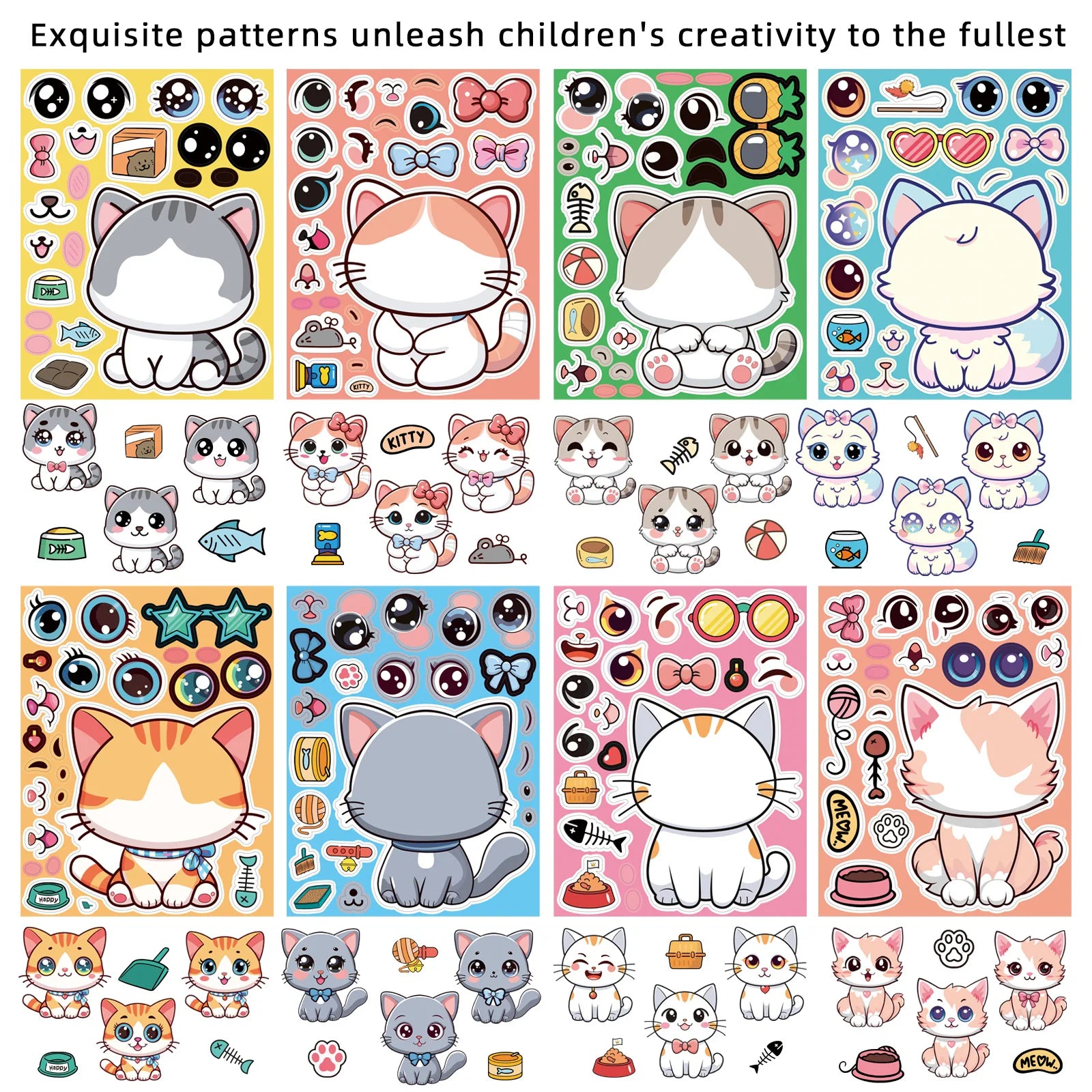 8PCS Cute Animal Cat Dolphin Octopus Cartoon Car Face Changing Stickers Stationery Notebook Decor DIY Children's Puzzle Sticker