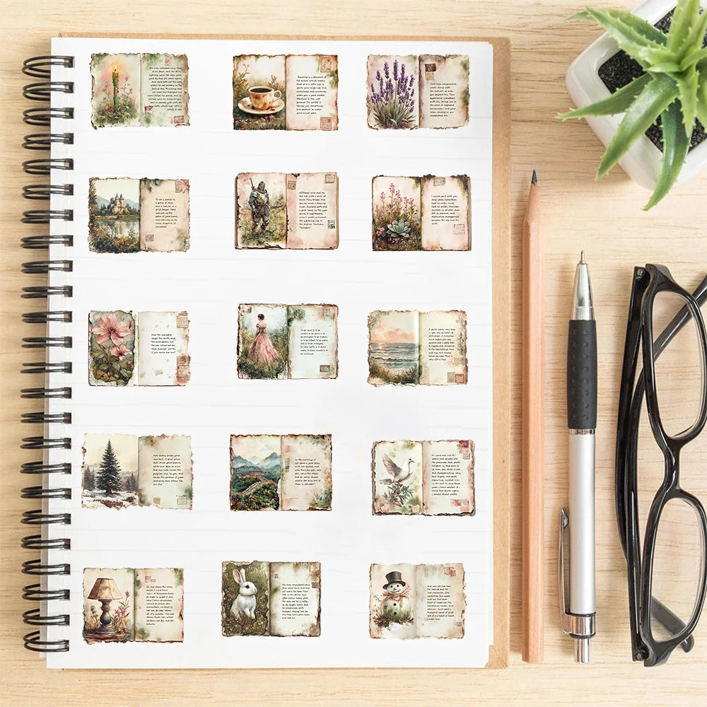 50PCS Read Retro Watercolor Diary Sticker Stationery Phone Luggage Scrapbooking Graffiti Art Picture Laptop Fashion Stickers
