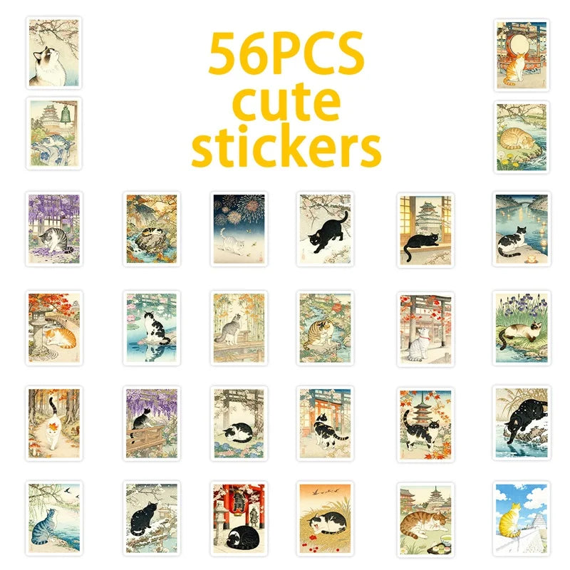 10/30/56PCS Kawaii Japanese Cat Colored PVC Sticky Stickers Aesthetic DIY Phone Laptop Luggage Skateboard Graffiti Decals