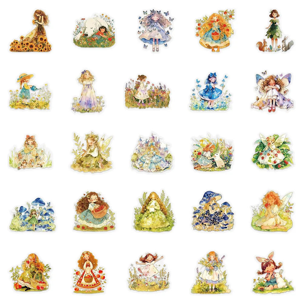 50-Pack Fairy Tale Princess PET Waterproof Plastic Stickers for DIY Phone Luggage Cup Stationery Notebook Decorative Decals