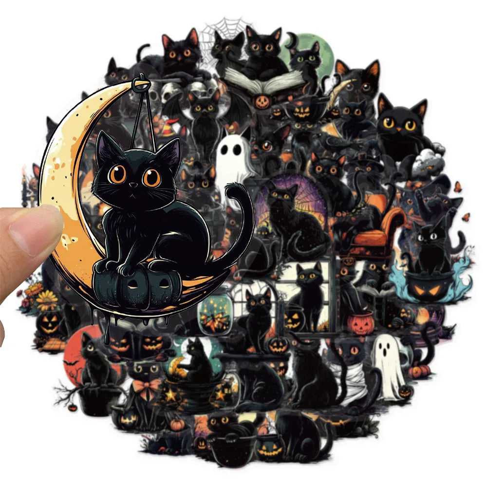 50PCS Halloween Black Cat Fun PET Stickers Decoration Computer Scrapbook Refrigerator Phone Case Speaker Guitar Toy Stickers