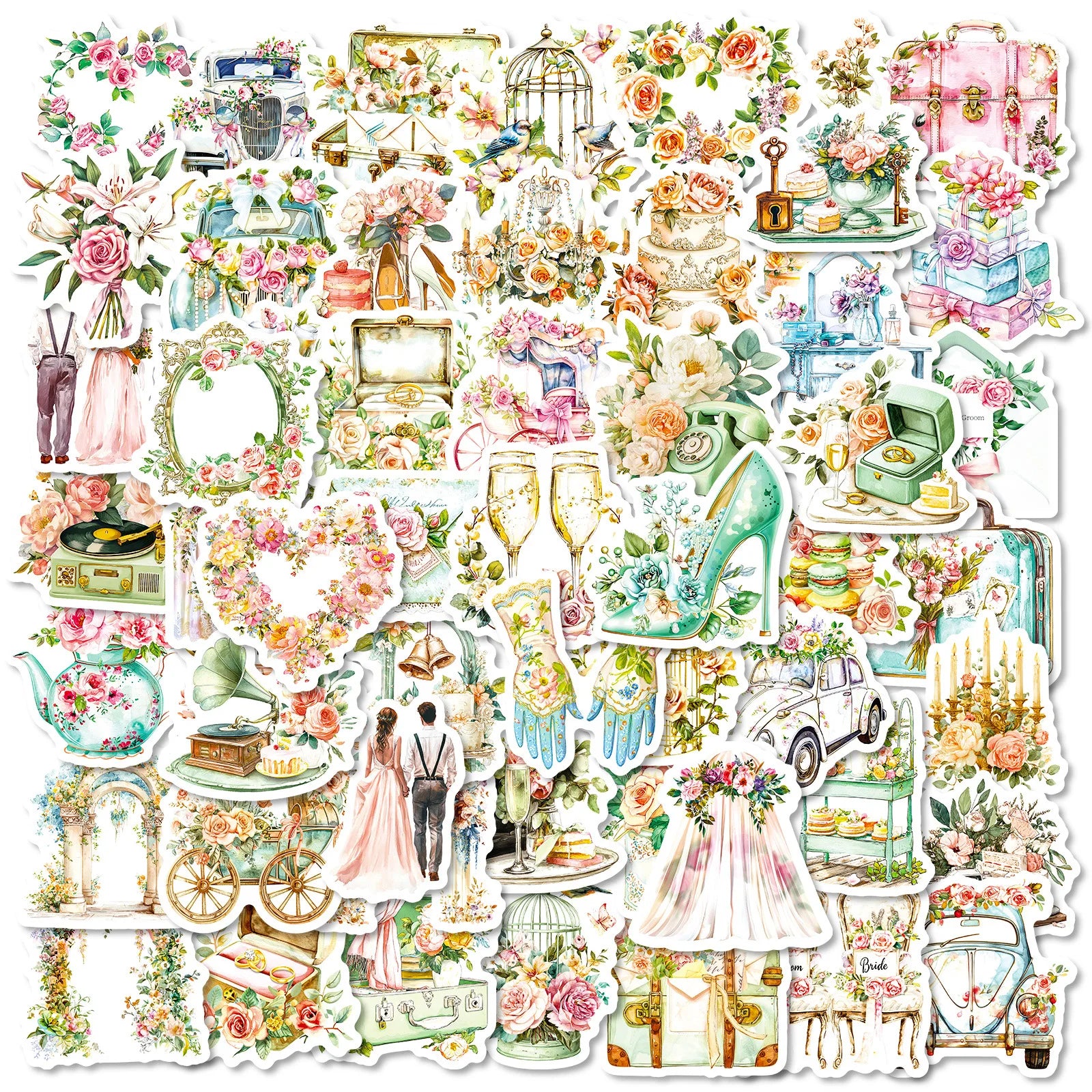 56PCS Vintage Wedding Flower Stickers Gift Box Party Decoration Stationery Notebook Suitcase Fridge DIY Aesthetic Decal Sticker