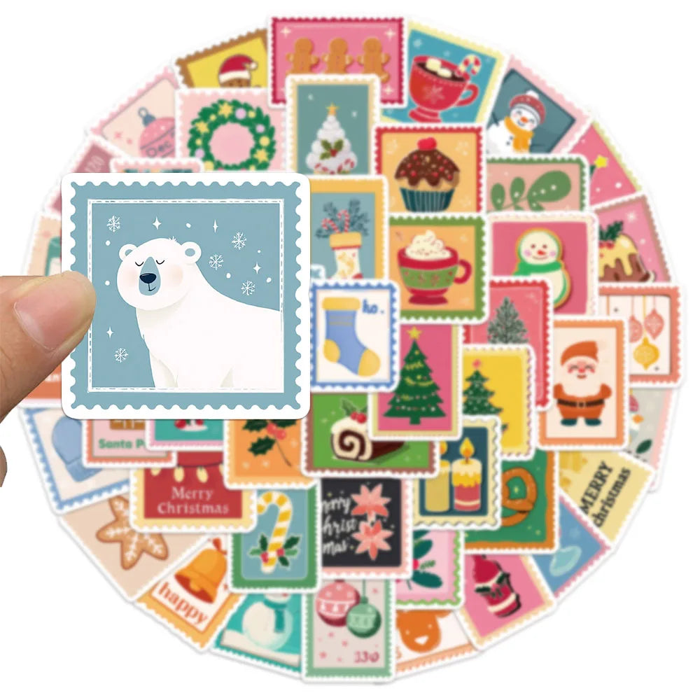50PCS Christmas Stamp Tags Decorative Stickers DIY Scrapbook Phone Case Laptop Tablet Toy Decorative Stickers