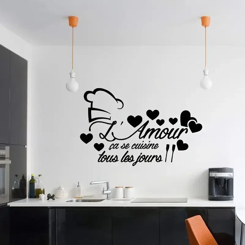 Modern French Kitchen Wall Sticker - "L'Amour se Cuisine Tous les Jours" with Heart Design, Self-Adhesive Plastic Decal for Glas