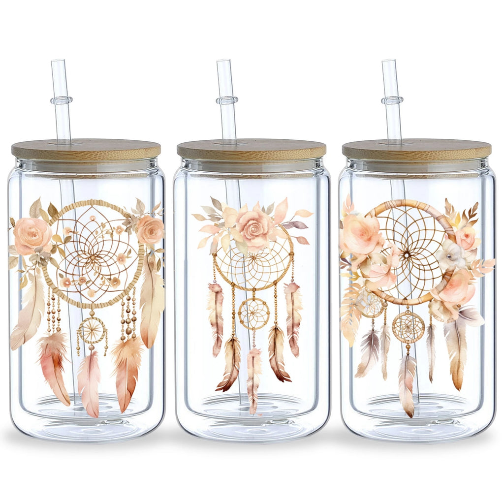 5 Sheets Dream Catcher UV DTF Cup Stickers, DTF Friction Transfer Stickers, Waterproof Transfer Stickers for 16 Ounces Glass Cup