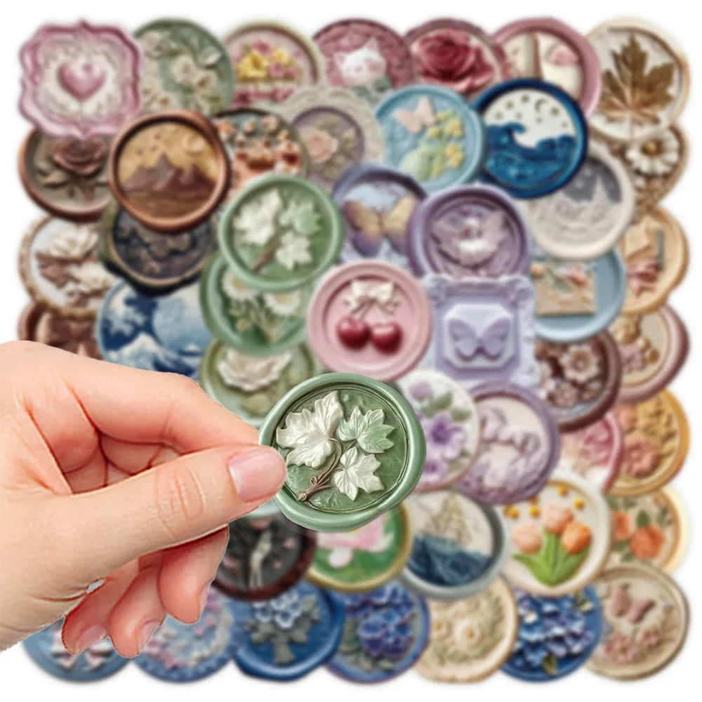 52-Pack Embossed Printed Paint Retro Waterproof Transparent PET Decor Stickers for Phone Envelope Stationery Notebook