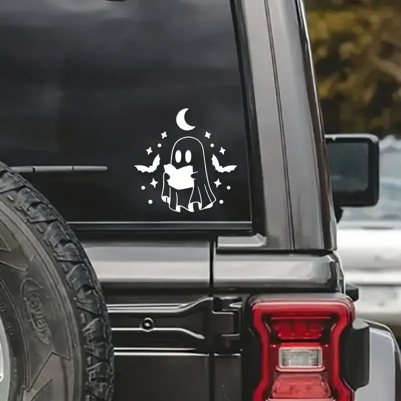 Polyvinyl Chloride Ghost Reading Book Decal - Spooky Bat and Stars Car Window and Laptop Sticker, Halloween Themed Ghost Holding