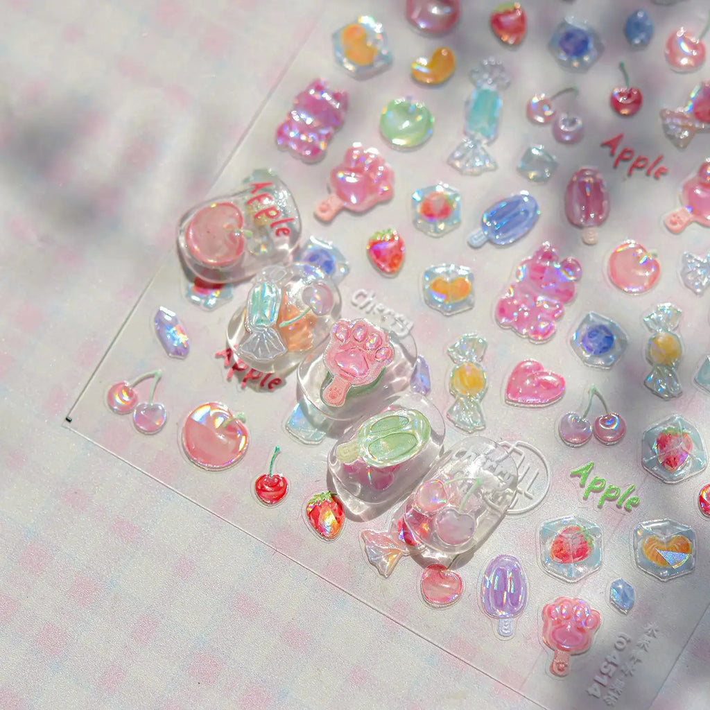 Colored Lemon Jelly Nail Stickers 5D Sweet Fruits Cartoon Calw Bear Candy Self Adhesive Nail Art Stickers DIY 3D Cute Nail Parts