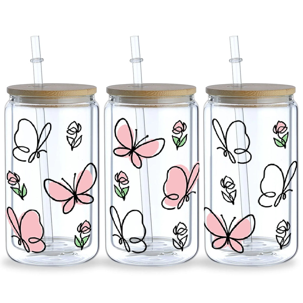 5 Sheets Butterfly UV DTF Cup Stickers, Glass DTF Transfer Stickers, Waterproof Wipe Transfer Paper for 16 oz Glass, Mugs，