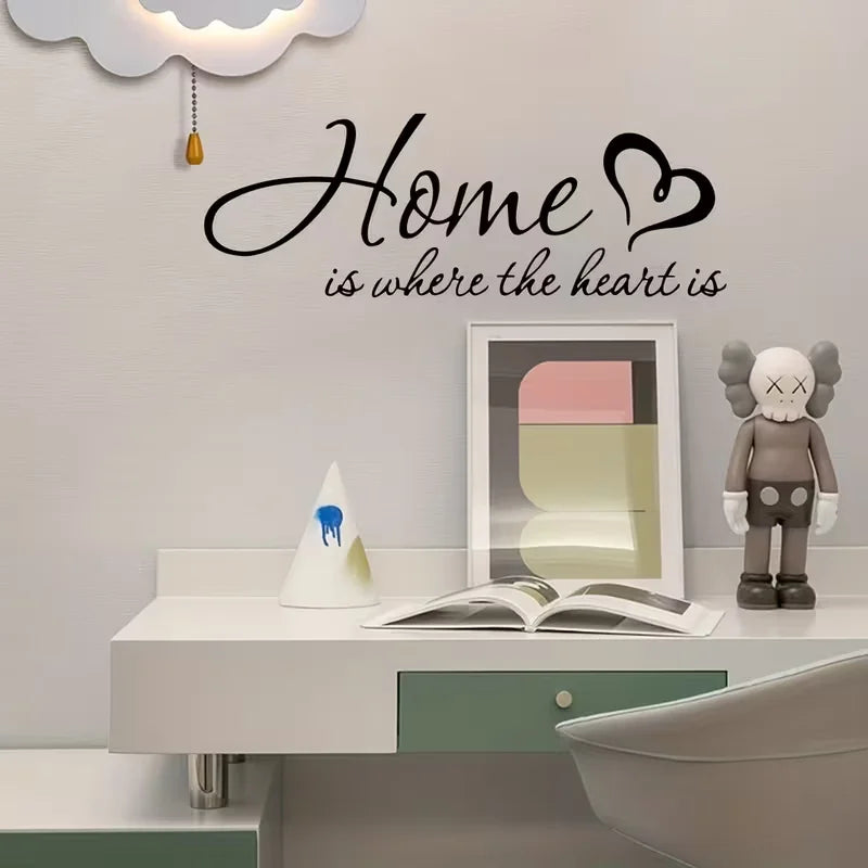 Home Is Where The Heart Is" Engraved Black Vinyl Quote Wall Decal - Contemporary Cartoon Style, Matte Finish for Living Room & B
