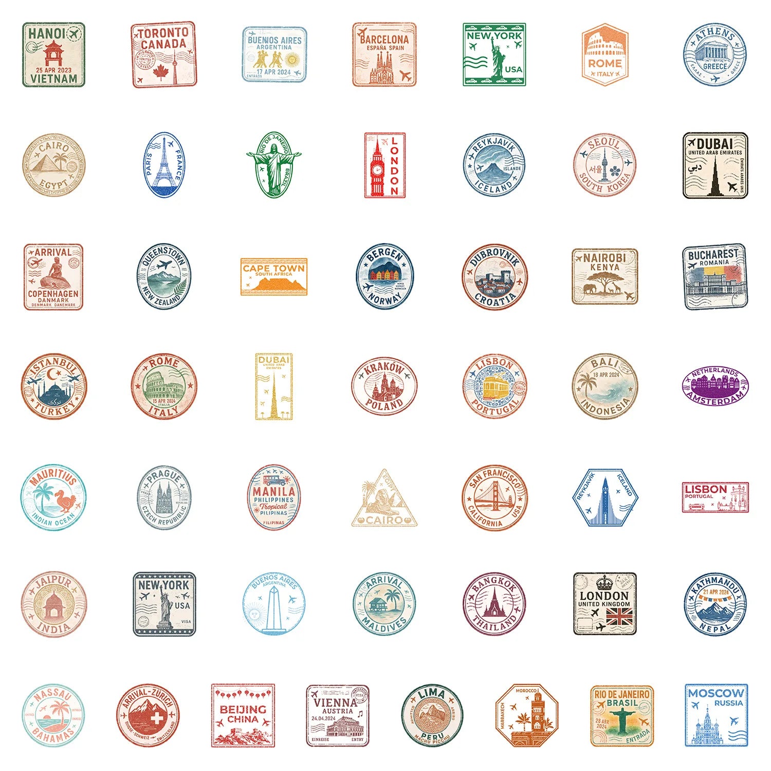 50-Pack Creative Graffiti Passport Stamp Decal Stickers for Students Stationery Water Cup Computer Waterproof Decoration