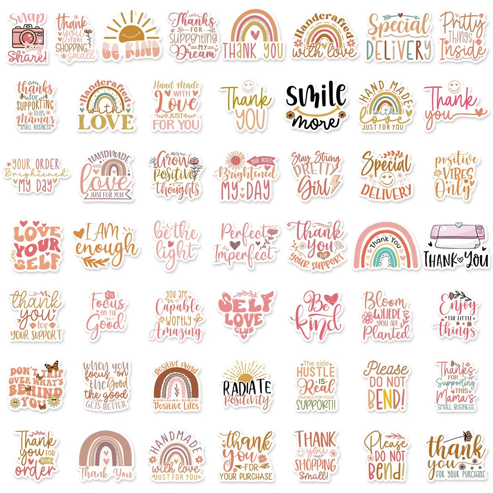 50PCS Boho Thank You Sticker Set Fun Stickers DIY Brochure Decoration Notebook Tablet Toy Stickers