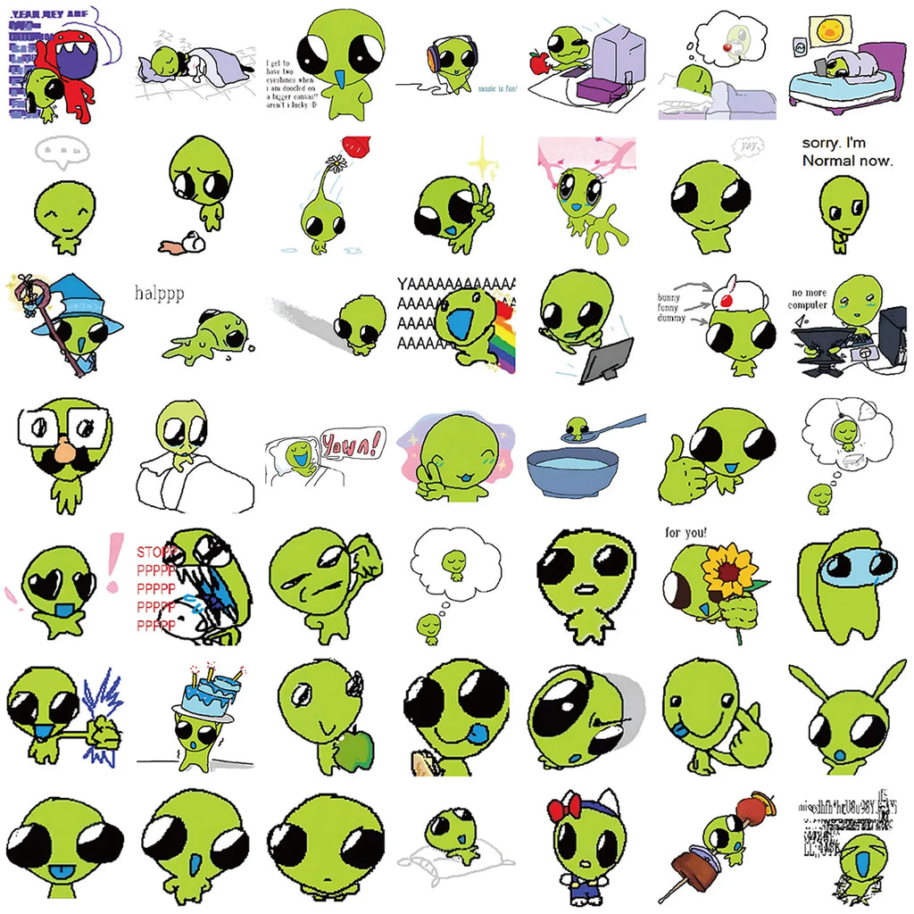 52Pcs Cute Cartoon Green Star Graffiti Stickers DIY for Luggage Notebook Waterproof Stationery Children Reward Stickers