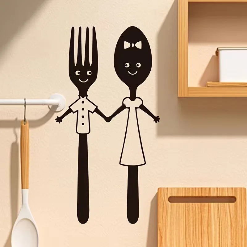 Cartoon Fork & Spoon Holding Hands Wall Decal - Self-Adhesive Removable PVC Sticker, Matte Finish Playful Kitchen Decor for Livi