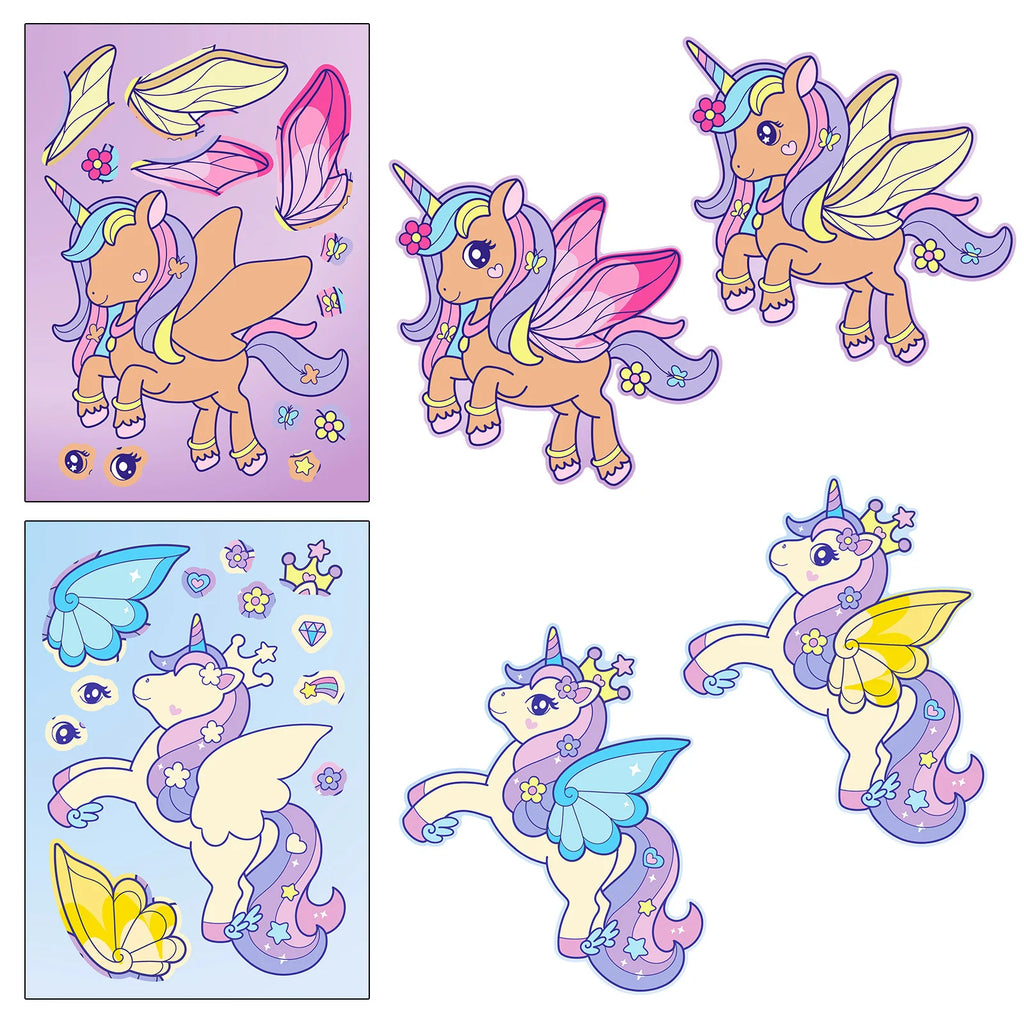 6/12PCS Rainbow Horse DIY Puzzle Sticker Games Unicorn Make A Face Funny Assemble Educational Stickers