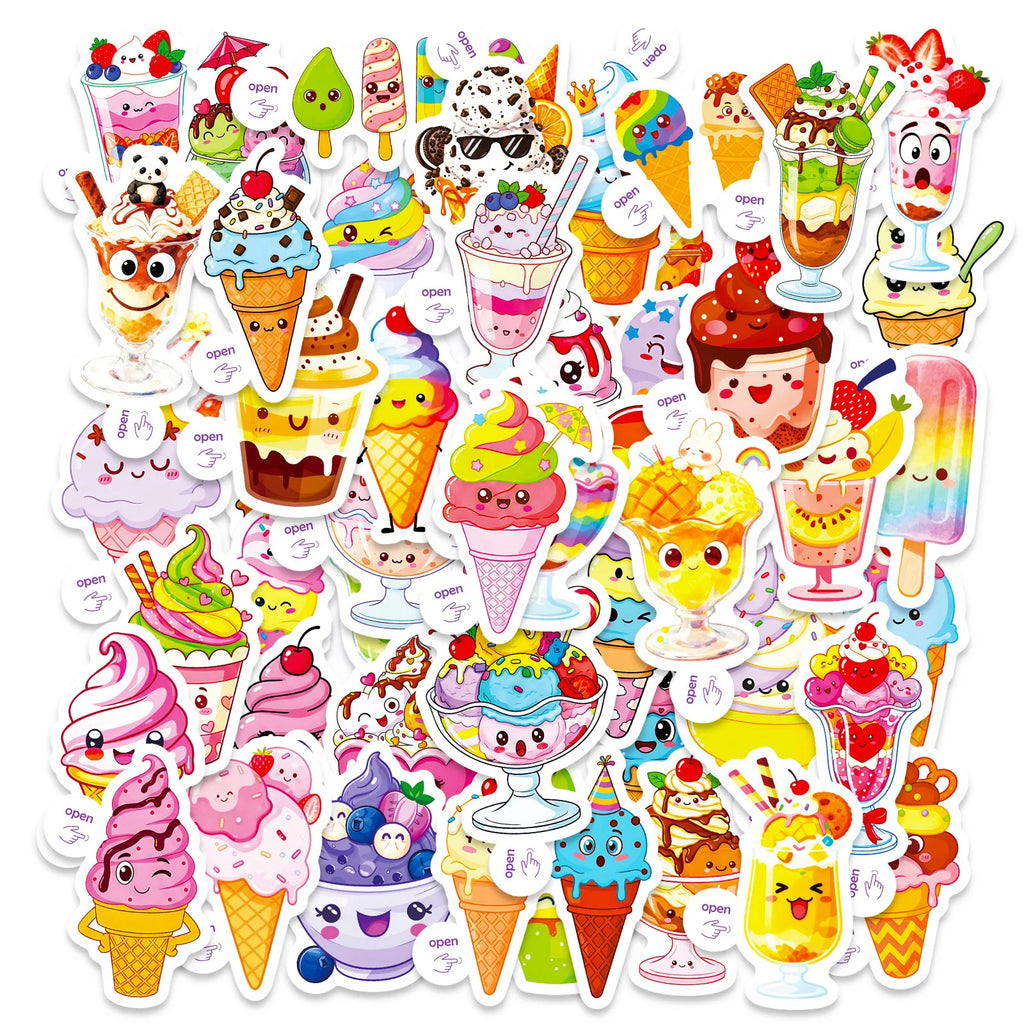 50PCS Cartoon Ice Cream Cute Doodle Stickers Easy Peel Kids DIY Fun Craft Student Notebook Tablet Decorative Sticker