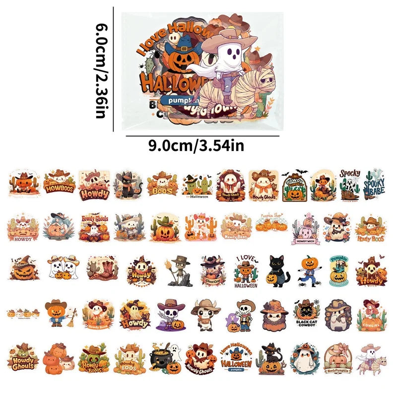 56PCS Cartoon Halloween PET Sticky Sticker Aesthetic Tear Open DIY Decoration Scrapbooking Sketchbook Supplies for Kids