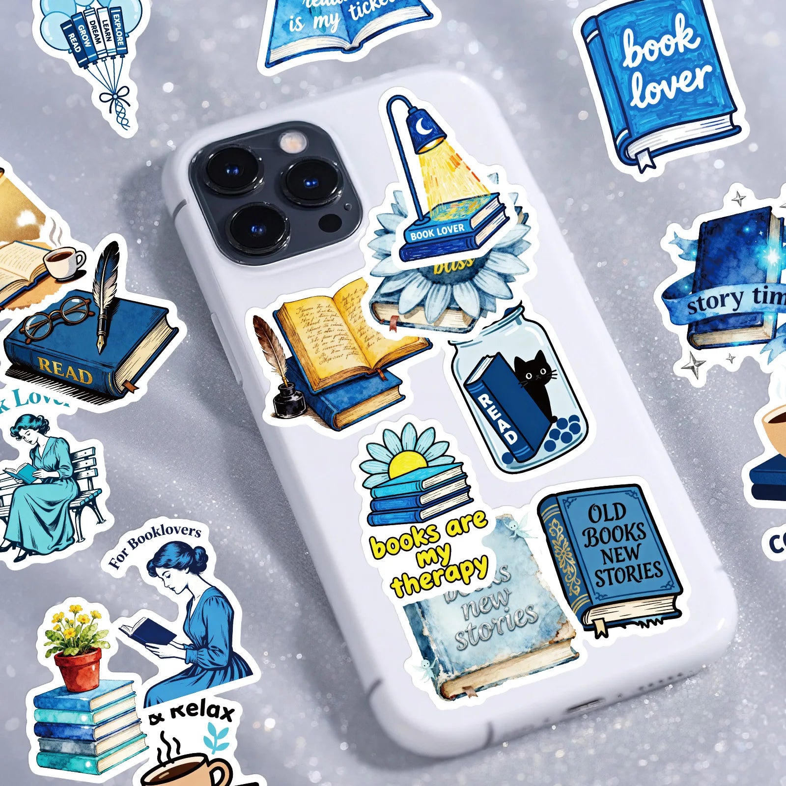 56PCS Bookshelf Therapy Doodle Stickers, Blue Reading Theme Student Stationery Notebook Suitcase DIY Decorative Art Sticker