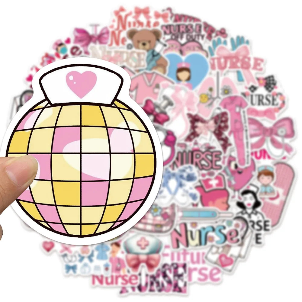 50PCS Pink Bow Nurse Creative DIY Stickers Sketchbook Handmade Mobile Luggage Skateboard Waterproof Stickers