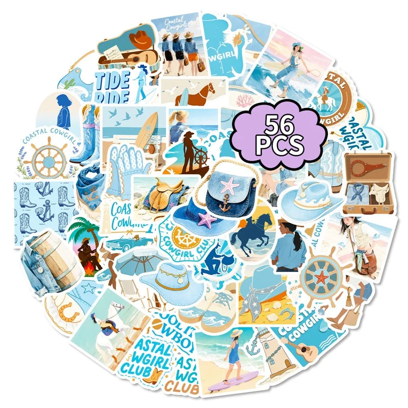 10/30/56PCS Kawaii Blue Seaside Life PVC Sticky Stickers Aesthetic DIY Colored Phone Laptop Luggage Skateboard Graffiti Decals