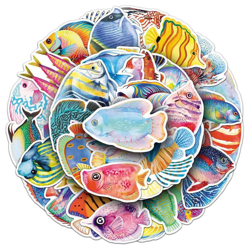50PCS Cartoon Fish Stickers, Ocean Animal Colorful Fish Waterproof Computer Journal Student Stationery Decor Sticker