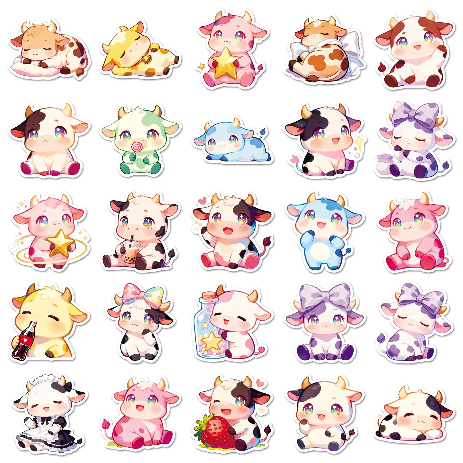 50-Pack Cute Colorful Cow Cartoon Animal Sticker Waterproof DIY Decor Stickers for Phone Case Insulated Mug Student Stationery