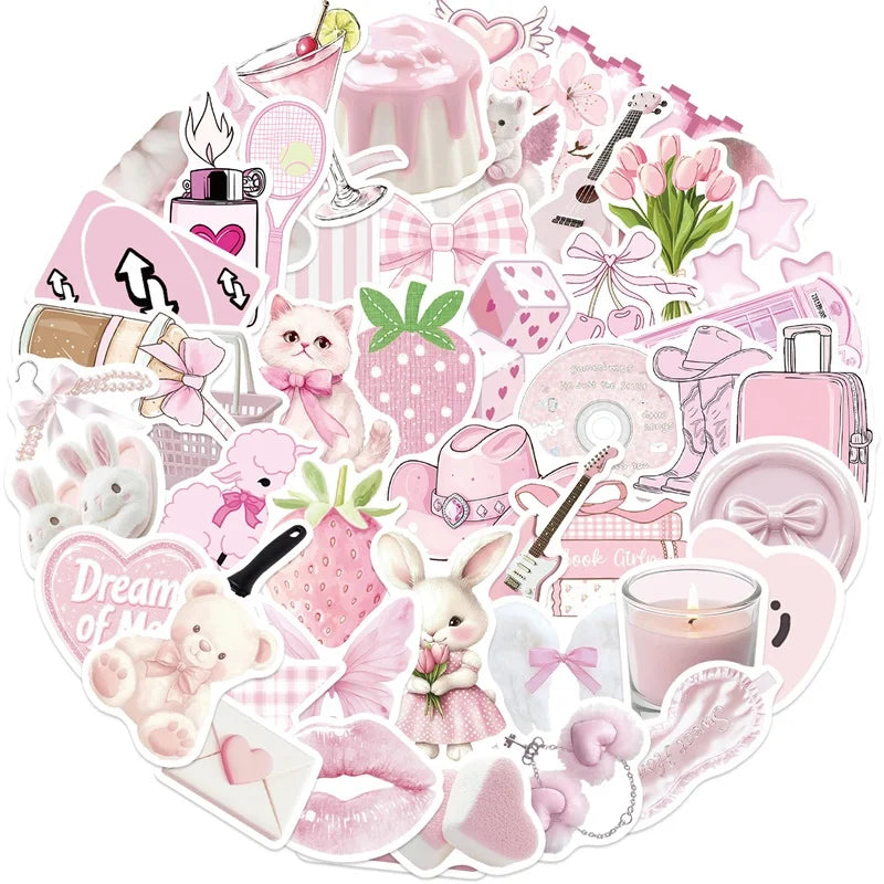10/30/50PCS Cartoon Light Pink PVC Sticky Sticker Aesthetic DIY Children's Decoration Scrapbooking School Supplies for Kids