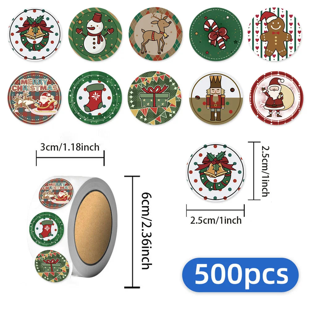 500PCS Christmas Circular Cartoon Reward Roll Stickers DIY Phone Cases Water Bottles Envelopes Notes Reward Gifts Stamps Sticker