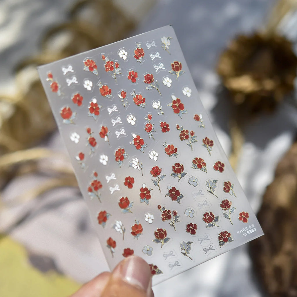 Metal Nail Art Stickers Gold Edges Orange Red Rose Floral Bow Nail Charms Stickers DIY Self Adhesive Nails 3D Decorations Decals
