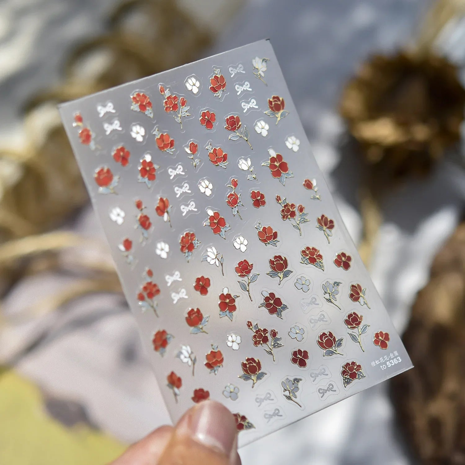 Metal Nail Art Stickers Gold Edges Orange Red Rose Floral Bow Nail Charms Stickers DIY Self Adhesive Nails 3D Decorations Decals