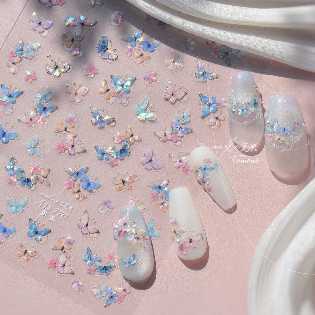 1pcs 5D Japanese Kawaii Butterfly Nail Stickers Luxury Glitter Shell Aurora Nail Art Decorations Decals DIY Manicure Slider Foil