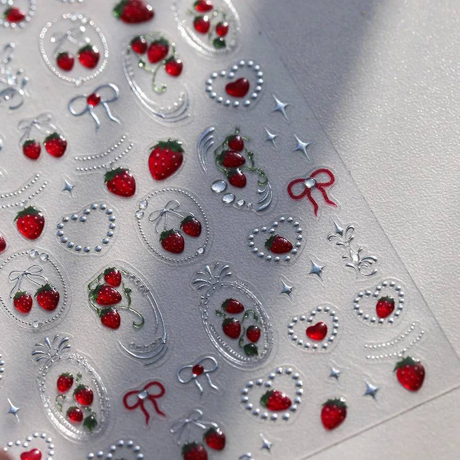 Fresh Sweet Fruits Strawberry Cherry Bowknot Love Heart Lemon 5D Nail Art Stickers Self Adhesive Decorations Nail Manicure Decal