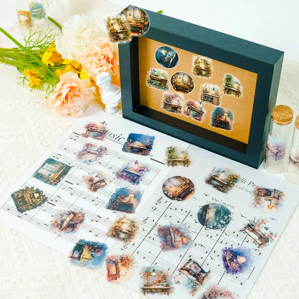 50PCS Classical Desk Lamp Desk/Cartoon Plants Laser PET Stickers Student DIY Stationery Notebook Stickers
