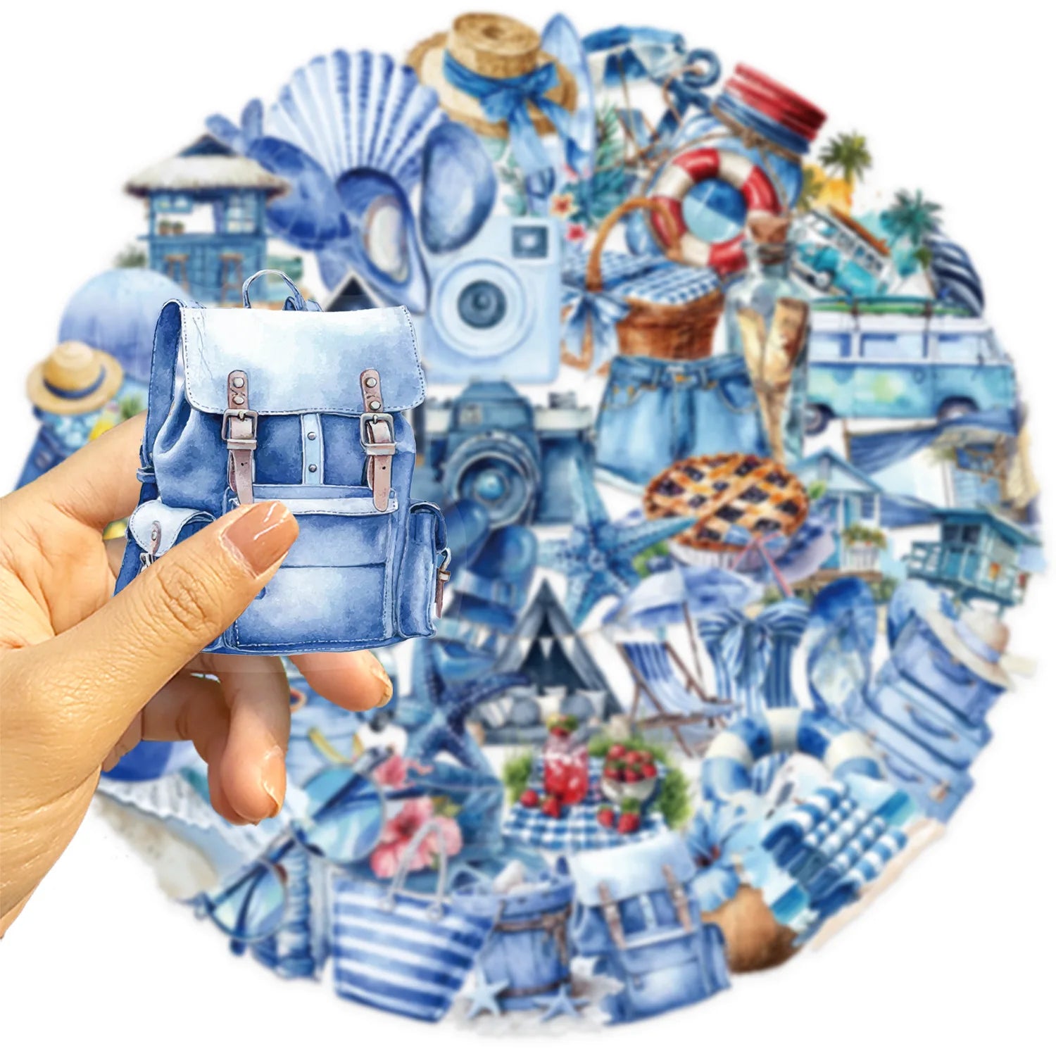 50/100 Pcs PET Clear Cartoon Blue Beach Stickers for Guitar Notebook Suitcase Phone Stationery Box File Holder Waterproof Decals