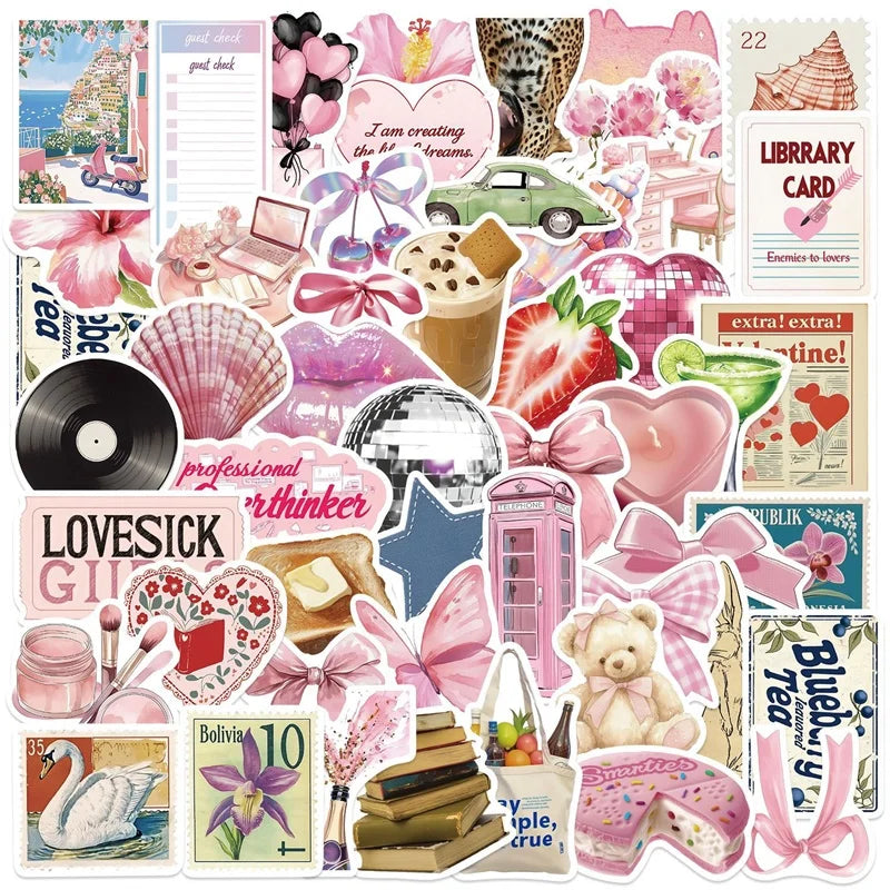 10/30/50PCS Cute Pink Life PVC Sticky Sticker Aesthetic DIY Children's Colored Decoration Scrapbooking School Supplies