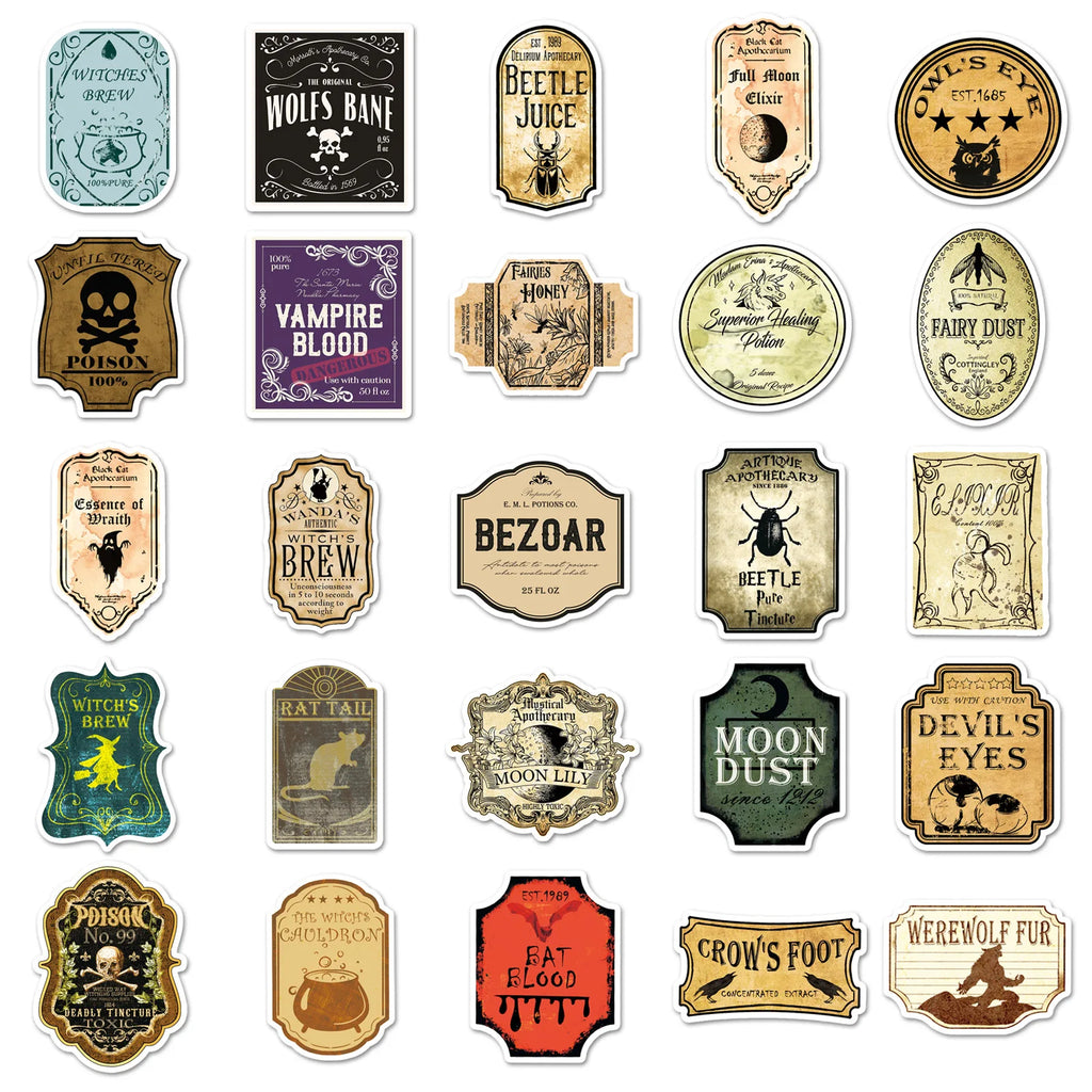 100Pcs Pack Magic Potion Label Graffiti Sticker Personality Retro Decal Decor Stationery Notebook Skateboard Luggage Sticker