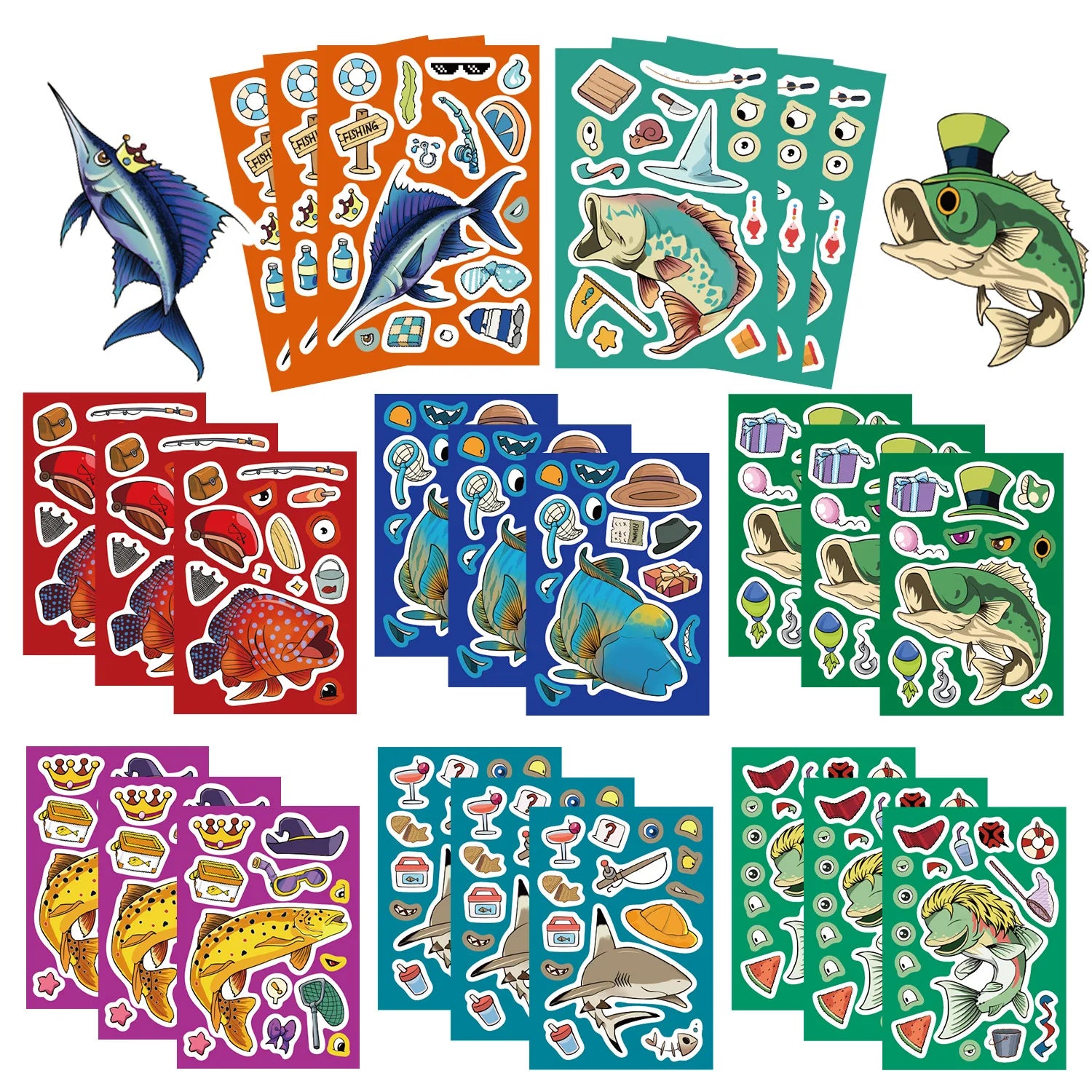 8/16/24PCS Puzzle Stickers Cartoon Fishing Make a Face Stickers DIY Handicrafts Waterproof Stationery Stickers