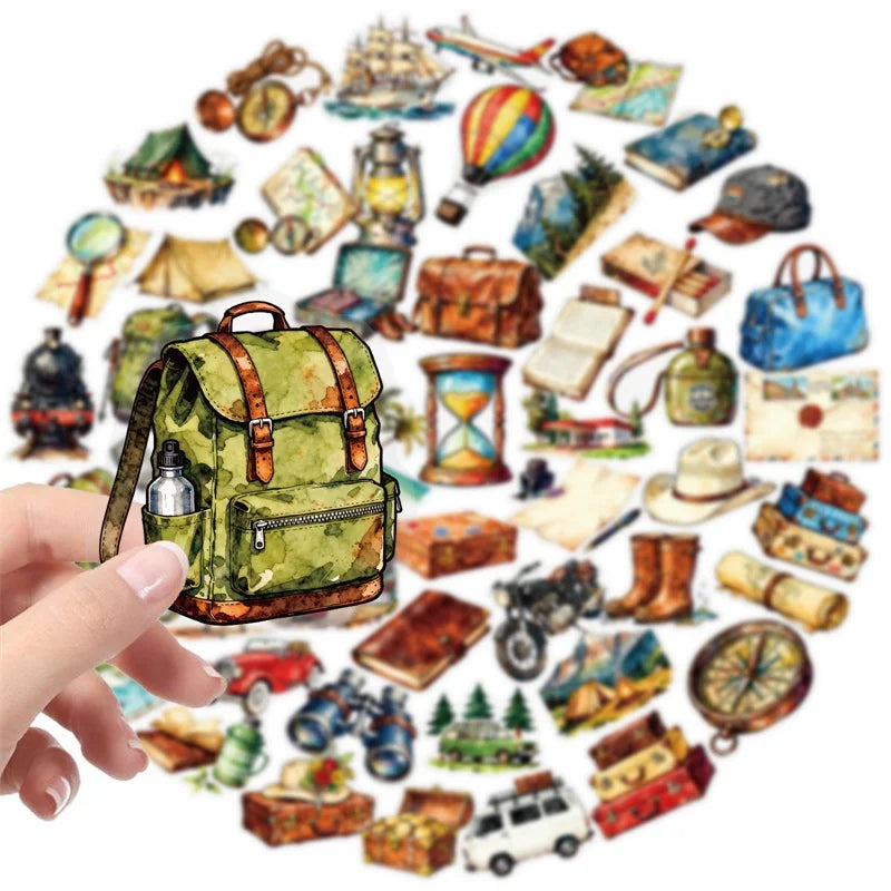 56PCS Colored Retro Travel PET Sticky Sticker Aesthetic Tear Open DIY Decoration Scrapbooking Stationery Supplies for Kids
