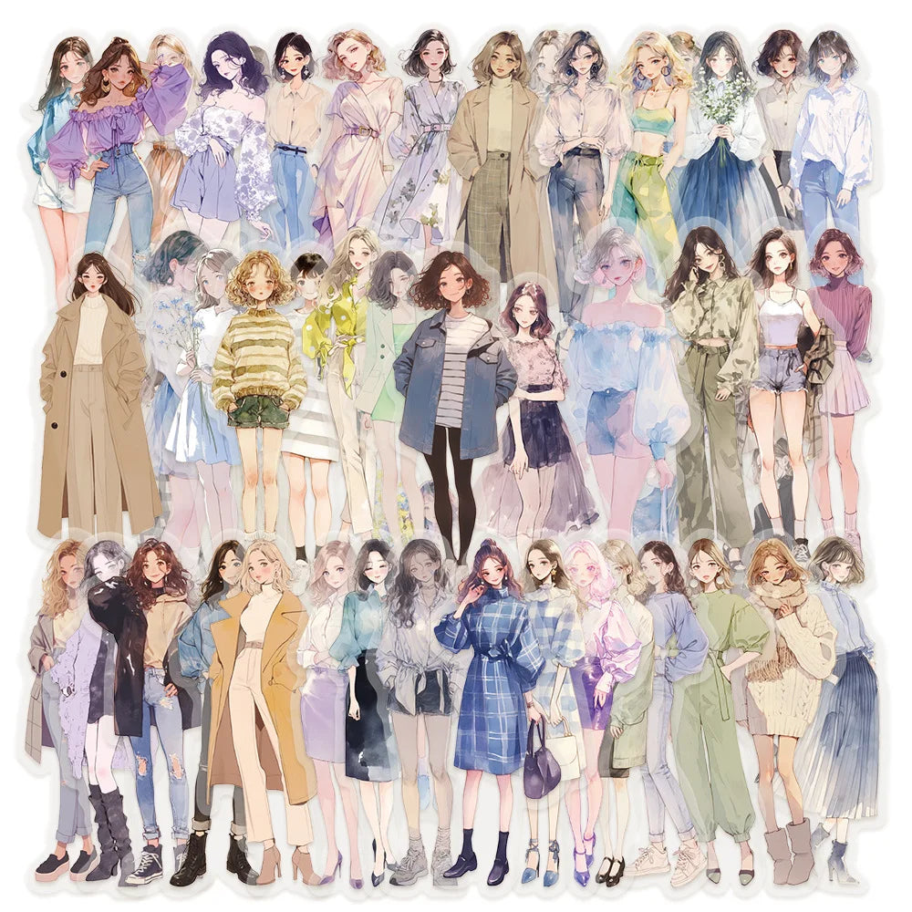 50Pcs Cartoon High Street Girl Wearing PET Material Transparent Stickers Water Cup Phone Case Guitar Fashion Decorative Stic