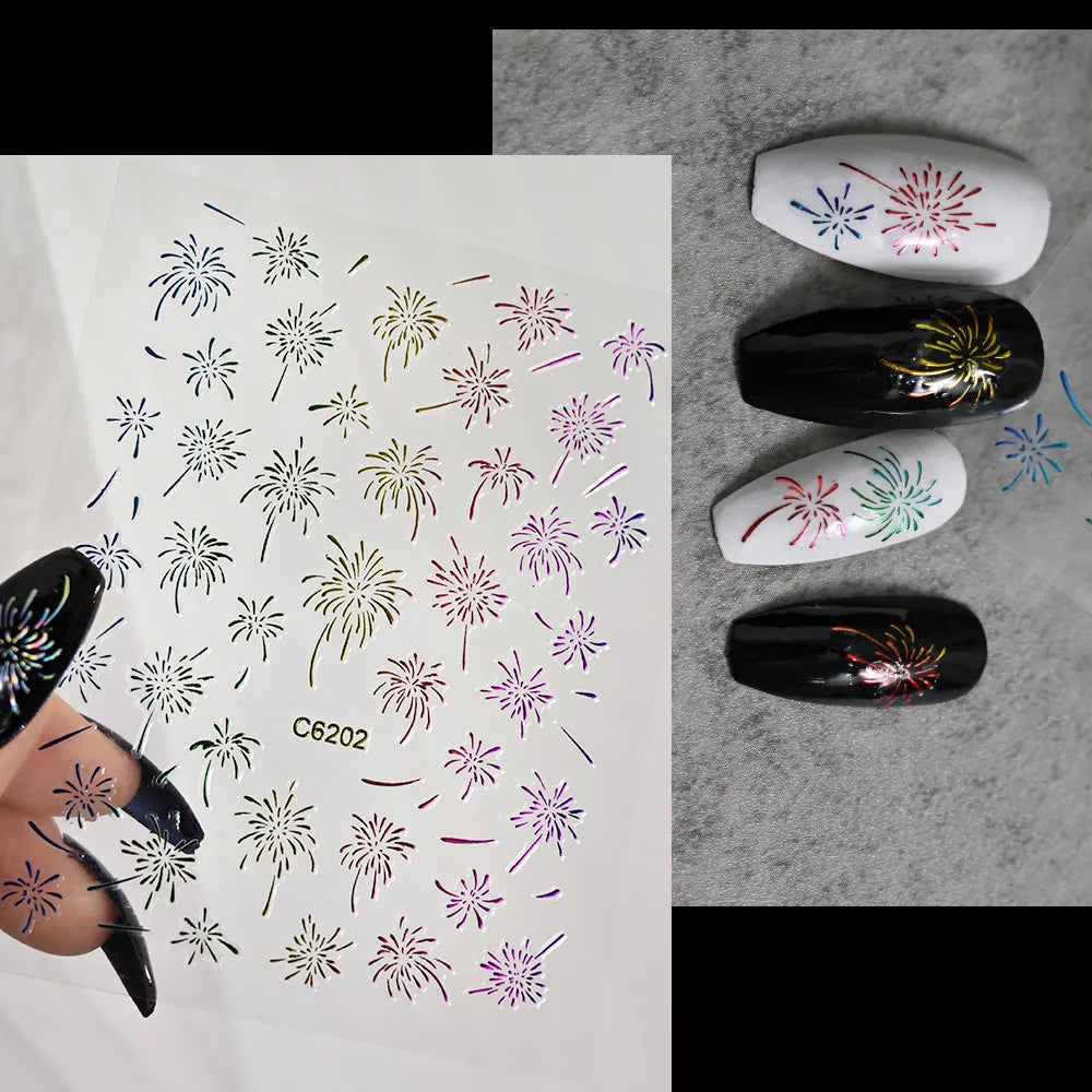 Laser Firework Nail Stickers 3D Self-Adhesive Blooming Fireworks Nail Art Decals New Year Firework Nail Decorations Slider 1pcs