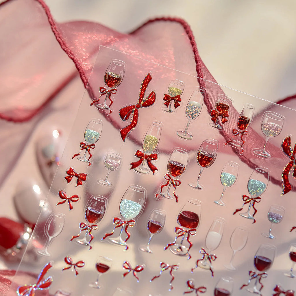 Wine Glass Bows Nail Charms Stickers Metal Nail Art Stickers 3D Exquisite Ribbon Nail Decoration Decals DIY Self Adhesive Decals
