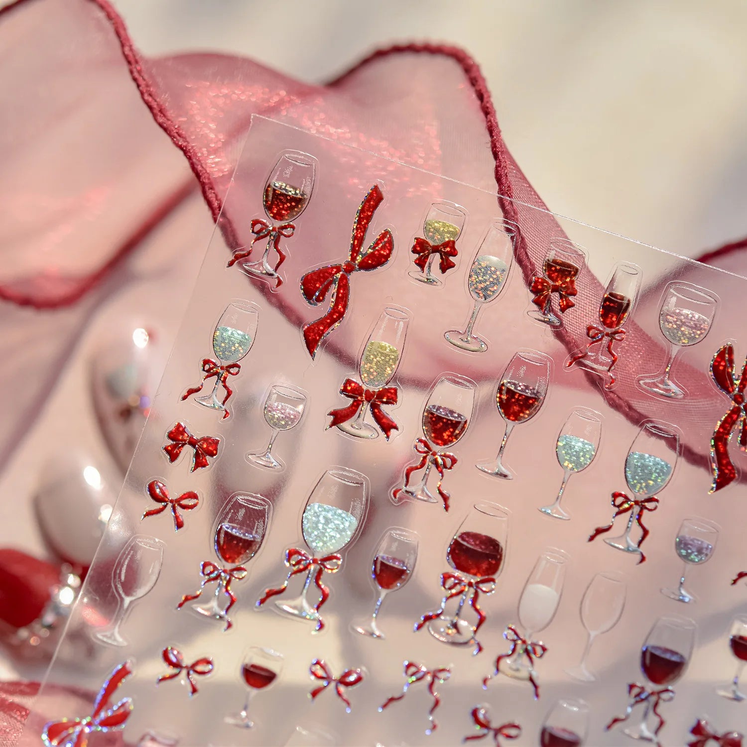 Wine Glass Bows Nail Charms Stickers Metal Nail Art Stickers 3D Exquisite Ribbon Nail Decoration Decals DIY Self Adhesive Decals
