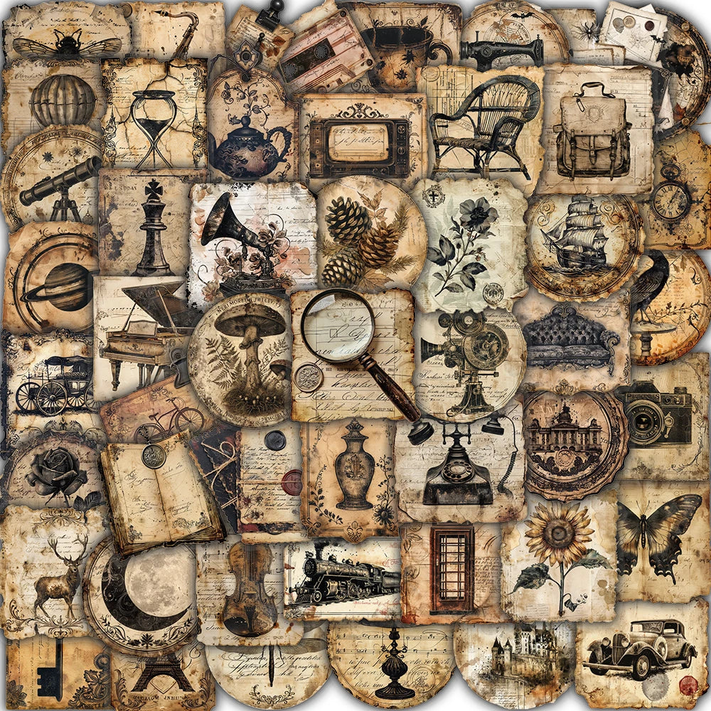 50/100PCS Vintage Label Sticker Nostalgia Harajuku Aesthetic Stationery Cafe Phone Supplies Guitar Community Dormitory Stickers