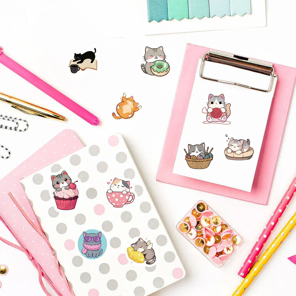 500PCS Cartoon Cat Roll Stickers Harajuku Waterproof Scrapbook Element Y2k FashionCoffee Phone Streetwear Party Stationary Decor