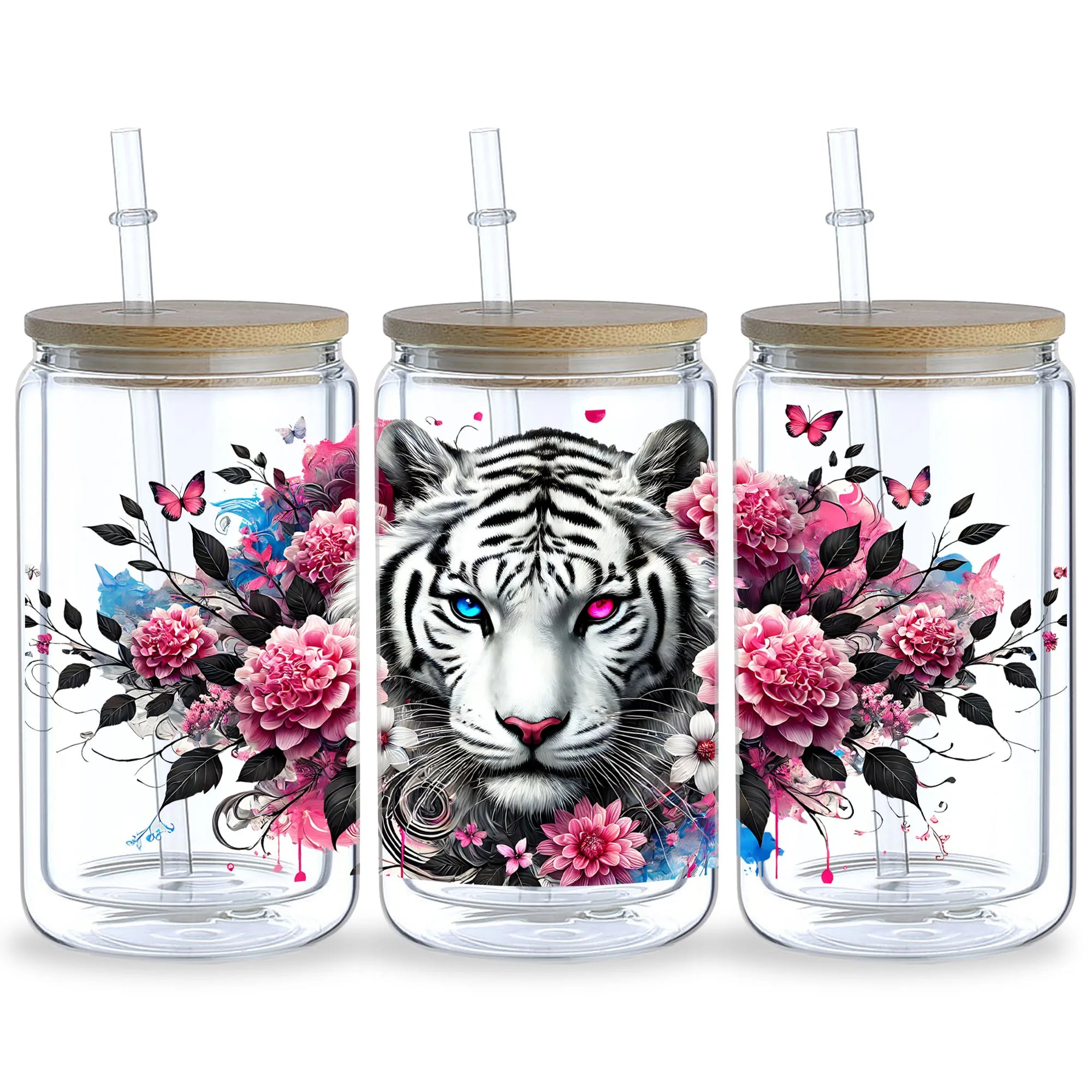 5 sheets Tiger UV DTF Cup Stickers, Glass Cup DTF Transfer Stickers, Waterproof Cartoon Wipeable Transfer Paper