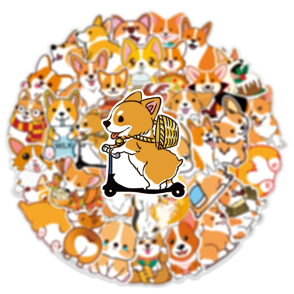 50PCS/pack Cute Cartoon Pet Dog Corgi Graffiti Stickers For Water Cup Trolley Stationery ,Non Repetitive Waterproof Stickers