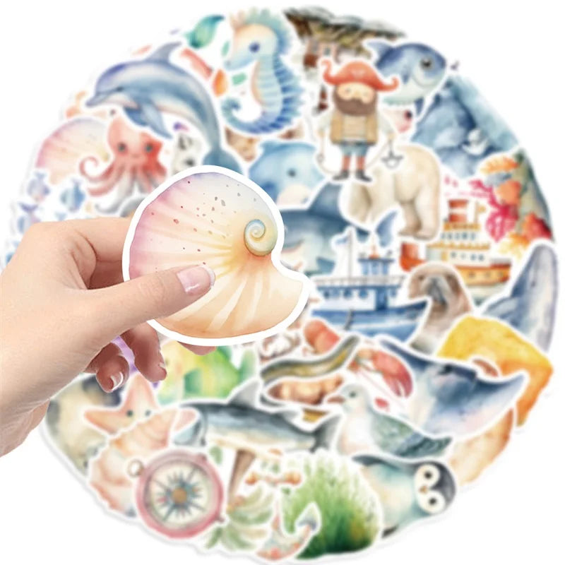 10/30/50PCS Fresh Sea Animal PVC Sticky Sticker Aesthetic DIY Korean Stationery Decoration Scrapbooking School Supplies for Kids